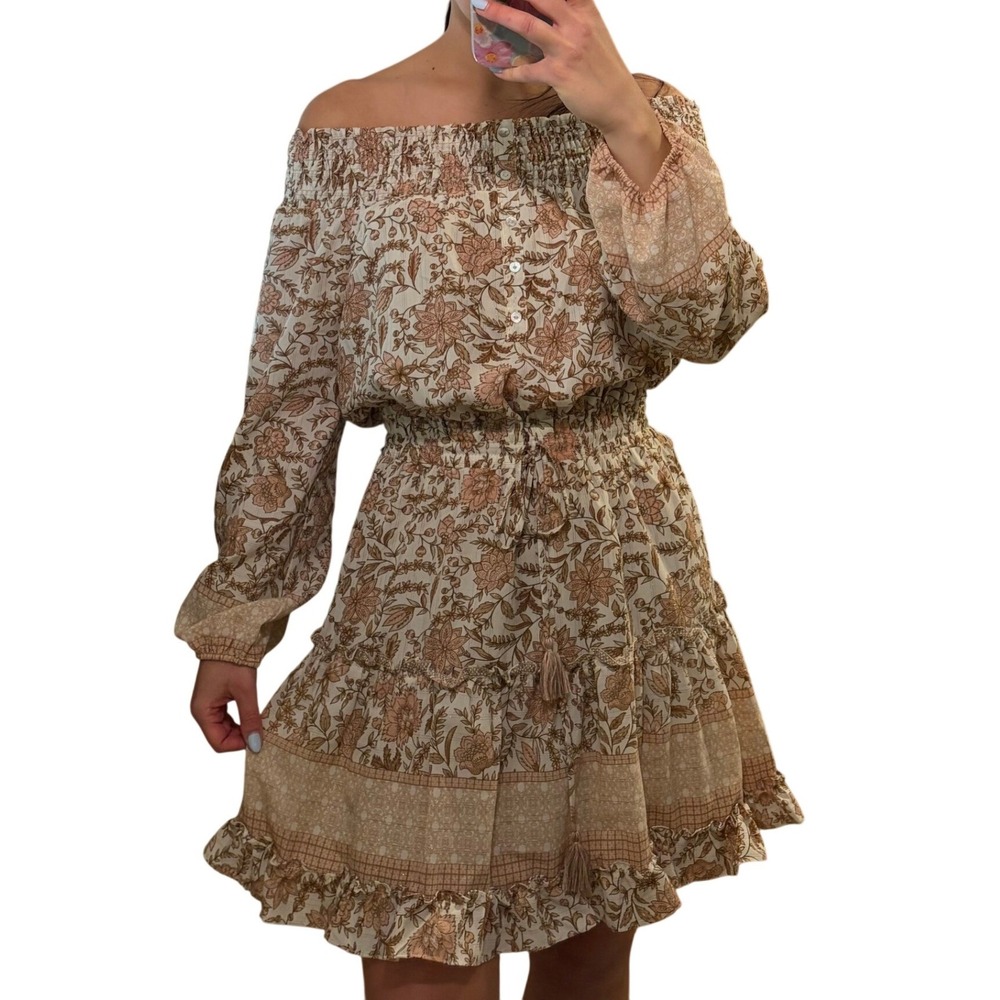 Lovestitch Dress Womens Medium Cream Floral Boho Off Shoulder Smocked Mini Lurex - Picture 3 of 7